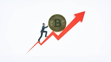 Bitcoin ok için artan değer ve iş adamı. Kazanç ve başarı Kripto bitcoin yatırımları. Mali yükselme kavramı.