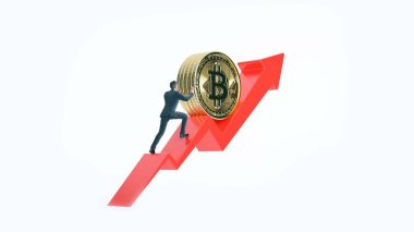 Bitcoin ok için artan değer ve iş adamı. Kazanç ve başarı Kripto bitcoin yatırımları. Mali yükselme kavramı.