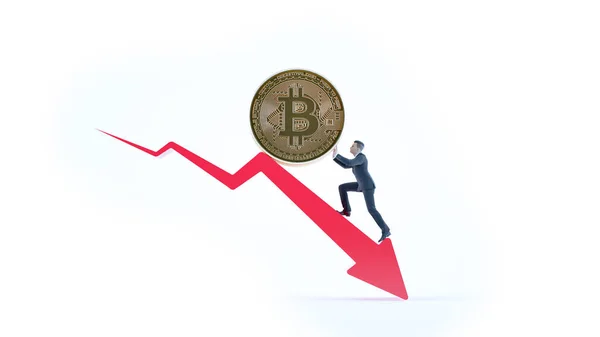 Bitcoin pijl omhoog voor toenemende waarde en zakenman. Winst en succes in crypto bitcoin investeringen. Financiële opleving concept. — Stockfoto