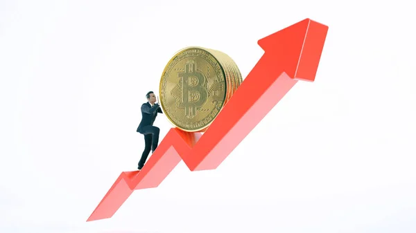 Bitcoin Pfeil nach oben für Wertsteigerung und Geschäftsmann. Gewinne und Erfolge bei Krypto-Bitcoin-Investments. Konzept des finanziellen Aufschwungs. — Stockfoto