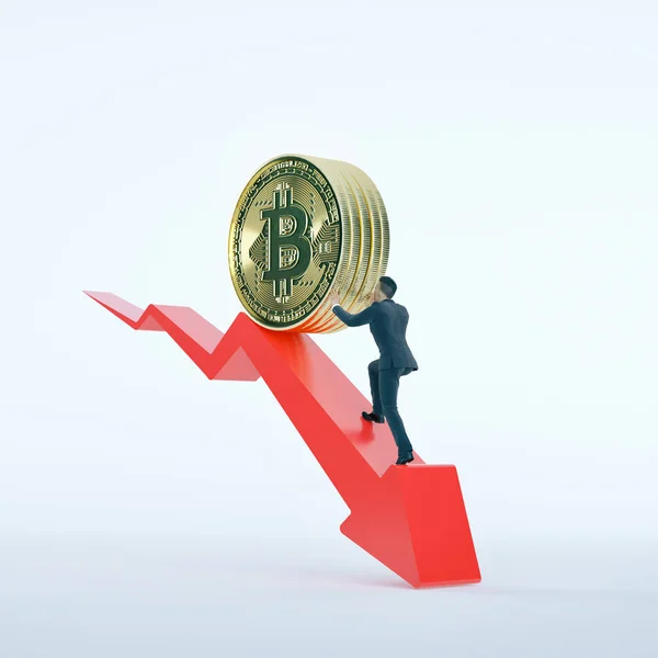 Freccia Bitcoin per aumentare il valore e uomo d'affari. Guadagni e successo negli investimenti bitcoin crypto. Concetto di ripresa finanziaria . — Foto Stock