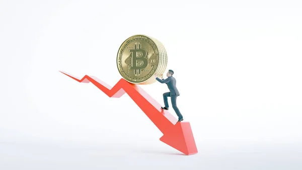 Bitcoin flecha hacia abajo para el valor de la declinación y hombre de negocios . — Foto de Stock