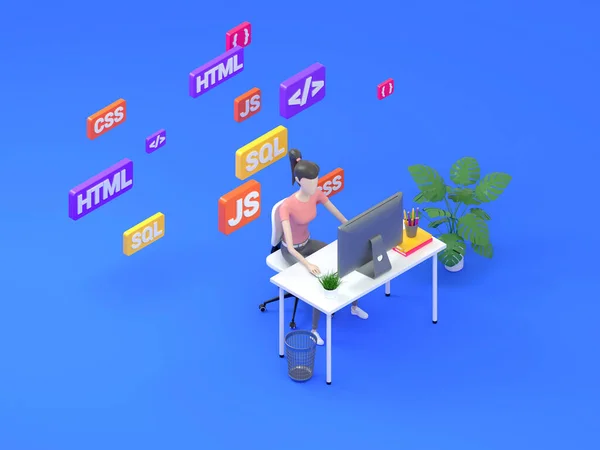 Frontend sviluppatore femminile seduto a un tavolo nel moderno ufficio. Concetto di tecnologia digitale apprendimento linguaggi di programmazione. Illustrazione isometrica rendering 3d . — Foto Stock