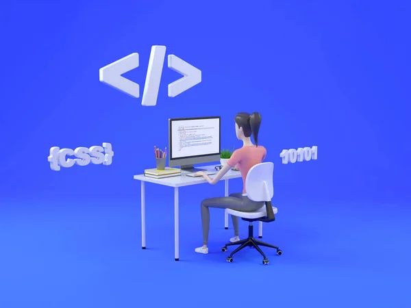 Nowoczesny 3D postać web development izometryczna ilustracja. Nauka języków programowania. Koncepcja kursów online. 3d renderowanie. — Zdjęcie stockowe