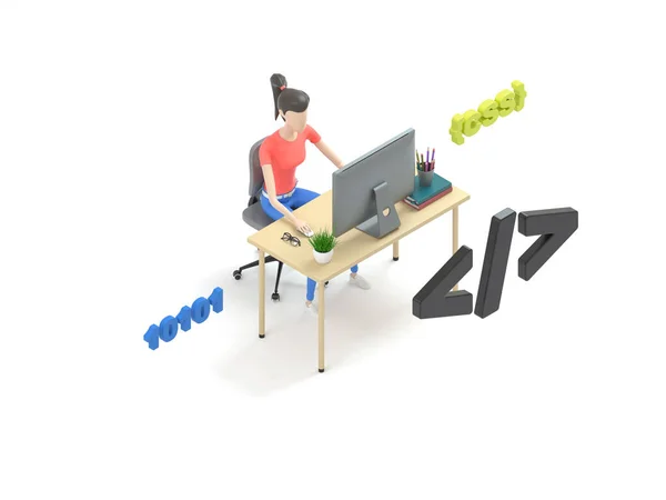 Молодий професійний жіночий програміст працює за комп'ютером. Ізометричний 3d рендеринг, ілюстрація для дизайну веб-сторінок . — стокове фото