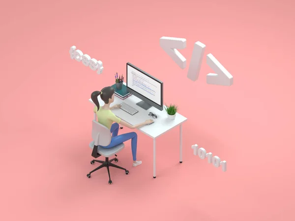 Jovem programadora profissional do sexo feminino está trabalhando em um computador. Isométrica renderização 3d, ilustração para design de página web . — Fotografia de Stock