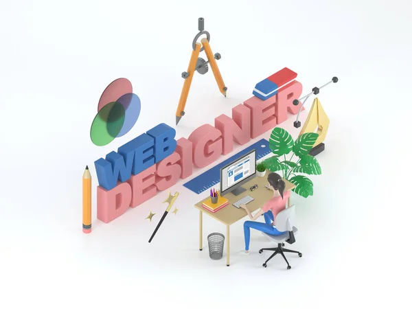 Kobieta deweloper interfejsu sieciowego siedzi przy stole na białym tle otoczony 3d elementów projektowych w aplikacji graficznej. Duże stylizowane słowo web design. Ilustracja obrazowania izometrycznego 3d. — Zdjęcie stockowe