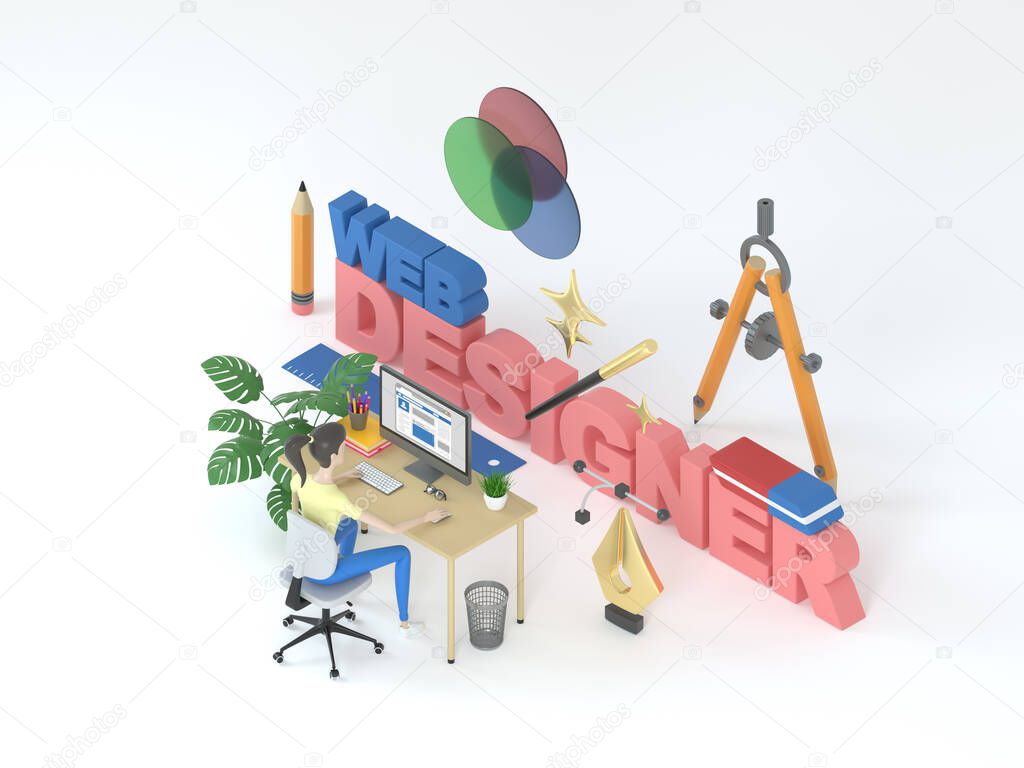 Female web interface developer sitting at a table on white background surrounded by 3d design elements in a graphical application. Big stylised word web design. Isometric 3d rendering illustration.