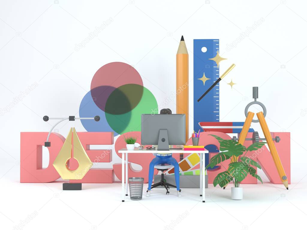Female web interface developer sitting at a table on white background surrounded by 3d design elements in a graphical application. Big stylised word web design illustration. 3d rendering.