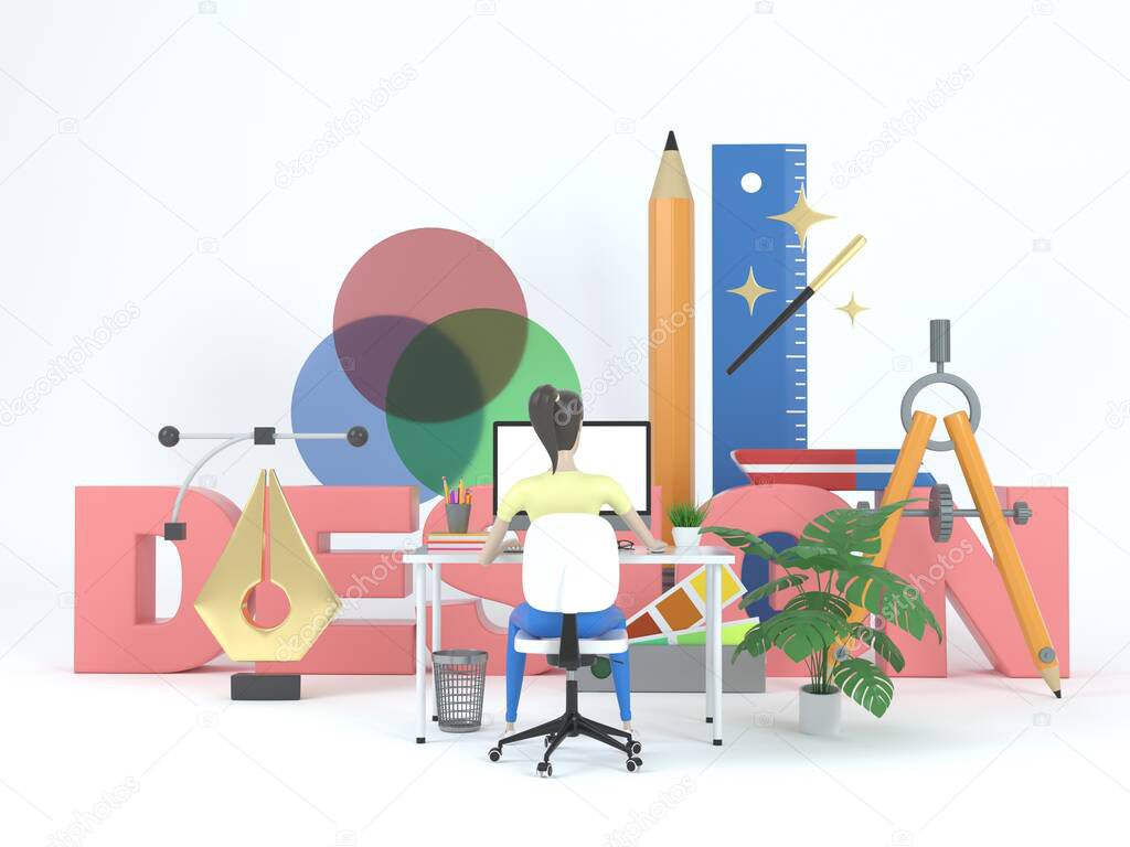 Girl web designer in a working environment. 3d icons and graphic design elements on a white background. Concept illustration for web page or banner. 3d rendering.