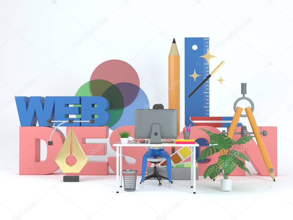 Female web interface developer sitting at a table on white background surrounded by 3d design elements in a graphical application. Big stylised word web design illustration. 3d rendering.