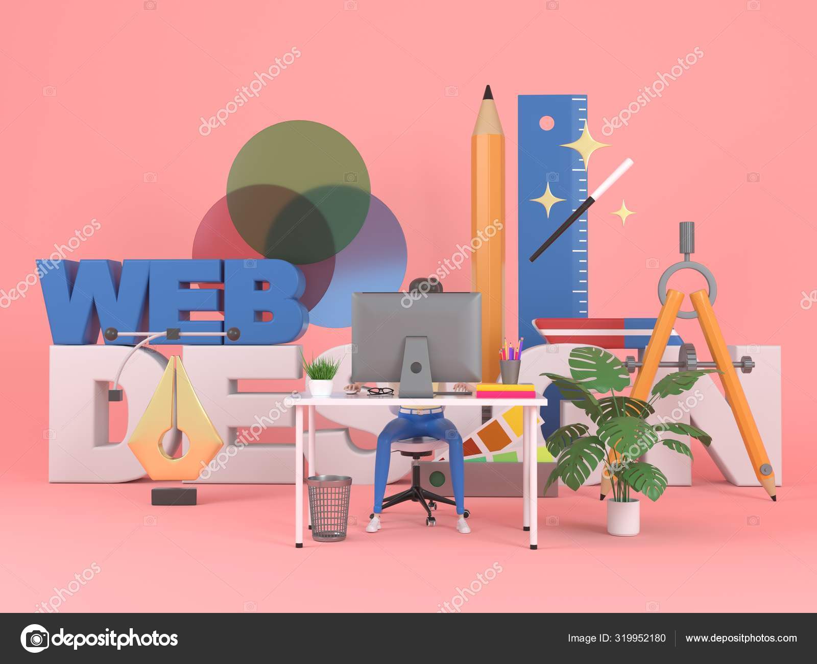 Female Web Interface Developer Sitting At A Table On Pink