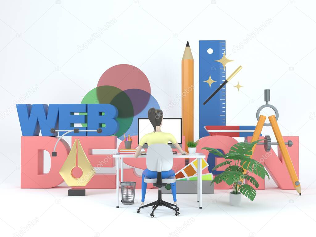 Girl web designer in a working environment. 3d icons and graphic design elements on a white background. Concept illustration for web page or banner. 3d rendering.