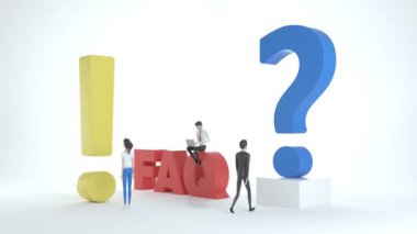 People 3D Karakterleri Ünlemler ve Soru İşaretleri 'nin yanında duruyor. Kadın ve erkek soru sorar ve cevapları alır. Çevrimiçi Destek Merkezi. Sıkça Sorulan Sorular Konsepti. 3d hazırlama 4k