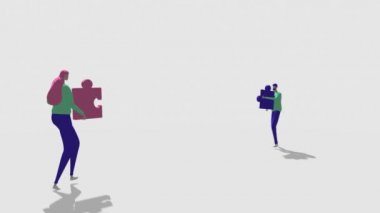 İnsanlar birbirleri ile tanışır ve bulmacaları birbirine bağlarlar. İşbirliği yapan iş adamı destek ve yardım konsepti. 3d düz tasarım biçimi.