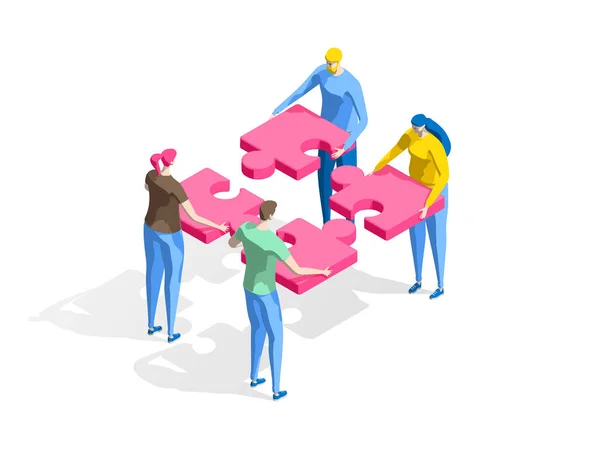 A group of people assemble a puzzle, metaphor.Teamwork concept. Can use for web page, infographics, hero images. Flat isometric vector illustration isolated on white background. — Stock Vector