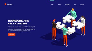İş konsepti. Takım metaforu. Yapboz elementlerini birbirine bağlayan insanlar. Web sayfası, iniş ya da pankart şablonu. Vektör izometrik çizim düz tasarım tarzı. Takım çalışmasının sembolü, işbirliği