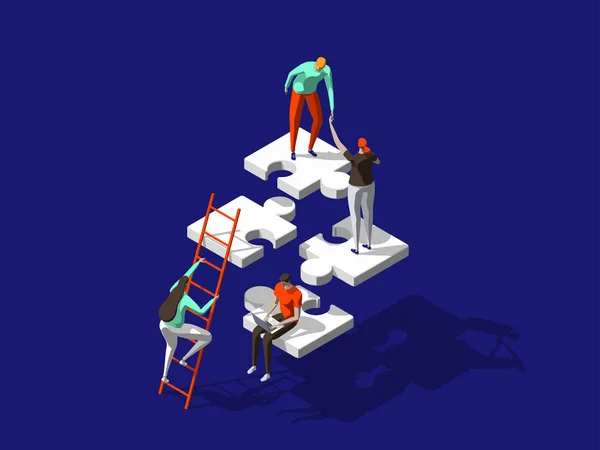 Teamwork concept with persons and puzzle elements. Team Metaphor. Template for web banner, landing page. Flat isometric vector illustration isolated on dark blue background. — Stock Vector