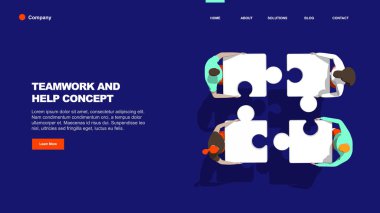 İnsanlarla ve yapboz elemanlarıyla takım çalışması çözüm konsepti. Metafor Takımı. Web afişi şablonu, iniş sayfası. Düz vektör çizimi koyu mavi arkaplanda izole edildi.