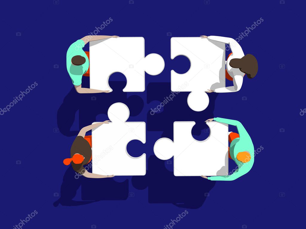 Teamwork business solution concept with persons and puzzle elements. Team Metaphor. Template for web banner, landing page. Flat vector illustration isolated on dark blue background.