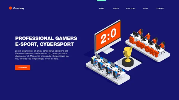 Two teams of Professional eSport Gamers Playing in Competitive Video Games on a Cyber Games Tournament. Template for web banner, landing page. Flat isometric vector illustration isolated on blue — ストックベクタ