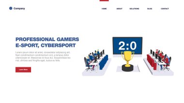 Profesyonel Esport Oyuncuları 'ndan iki takım bir Siber Oyunlar Turnuvası' nda Rekabetçi Video Oyunları 'nda oynuyor. Web afişi şablonu, iniş sayfası. Düz izometrik vektör çizimi beyaza izole edildi
