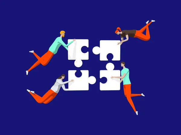 Concetto di lavoro di squadra ben coordinato. Personaggi che collegano pezzi puzzle. Illustrazione vettoriale. Business, soluzioni creative, collaborazione e partnership con persone che lavorano insieme . — Vettoriale Stock