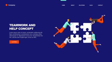 İyi koordine edilmiş takım çalışması konsepti. Bulmaca Parçalarını Birleştiren Karakterler. Vektör çizimi. İş, Yaratıcı Çözümler, Birlikte Çalışan İnsanlarla İşbirliği ve Ortaklık. 
