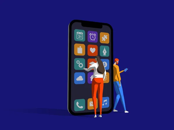 Giovane uomo e donna sono in piedi vicino al grande smartphone e utilizzando smartphone. Modello per banner web, pagina di destinazione. Illustrazione vettoriale piatta isolata su sfondo blu scuro . — Vettoriale Stock