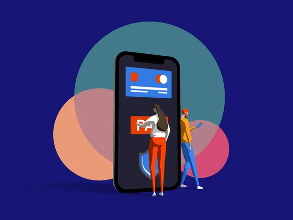 Безопасный онлайн-платеж. Молодой человек и женщина стоят рядом с большим смартфоном и используют смартфоны. Плоская векторная иллюстрация на темно-синем фоне . — стоковый вектор