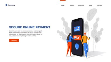 Çevrimiçi ödeme garantisi. Genç adam ve kadın büyük akıllı telefonun yanında durup akıllı telefonlar kullanıyorlar. Düz vektör çizimi beyaz arkaplanda izole edildi.