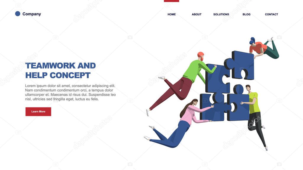 Teamwork concept with persons and puzzle elements. Team Metaphor. Template for web banner, landing page. Flat vector illustration isolated on white background.