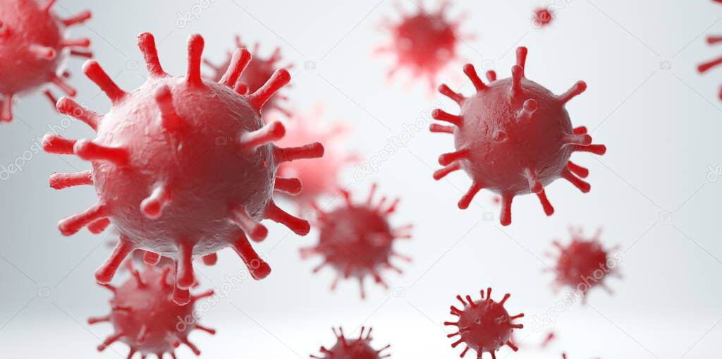 Coronavirus 2019-ncov flu infection 3D medical illustration. Microscopic view of floating China pathogen respiratory influenza virus cells. Dangerous asian ncov corona virus, pandemic risk background