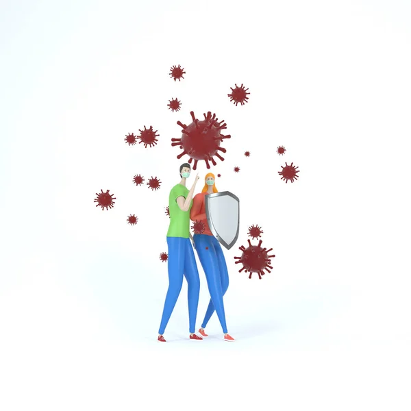 COVID-19 hygiene promotion with wearing a face mask. Metaphor. A man and a woman protect themselves from coronavirus particles. 3d illustration — Stock Photo, Image