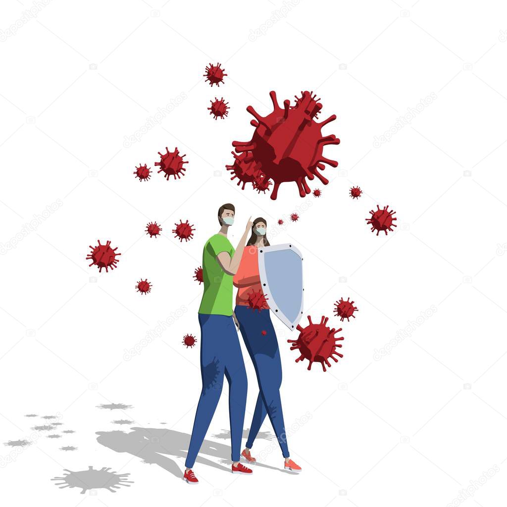 COVID-19 hygiene promotion with wearing a face mask. Metaphor. A man and a woman protect themselves from coronavirus particles. 3d illustration