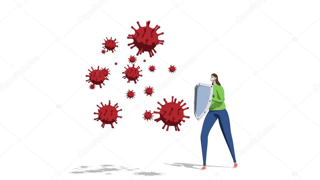 3d illustration COVID-19 coronaviru. Metaphor, a woman with a shield and a mask is protected from particles of the virus.