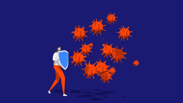 Ilustração 3d COVID-19 coronaviru. Metáfora, uma mulher com um escudo e uma máscara é protegida de partículas do vírus . — Fotografia de Stock
