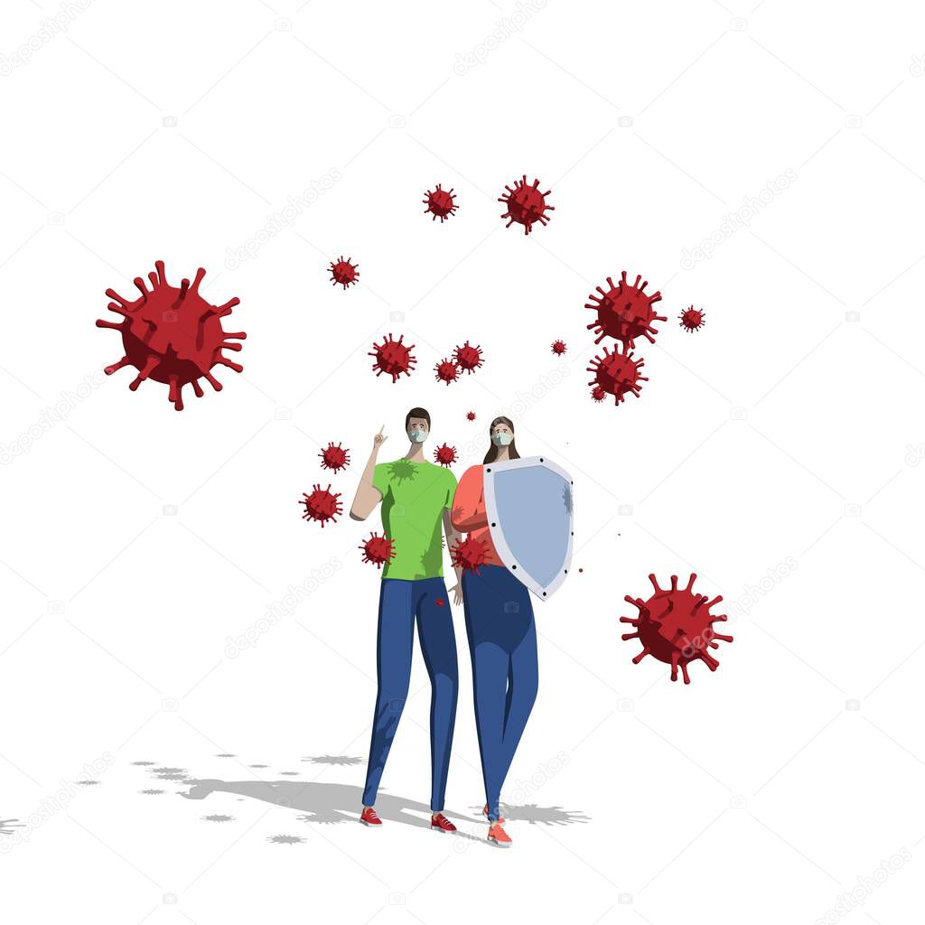 COVID-19 hygiene promotion with wearing a face mask. Metaphor. A man and a woman protect themselves from coronavirus particles. 3d illustration