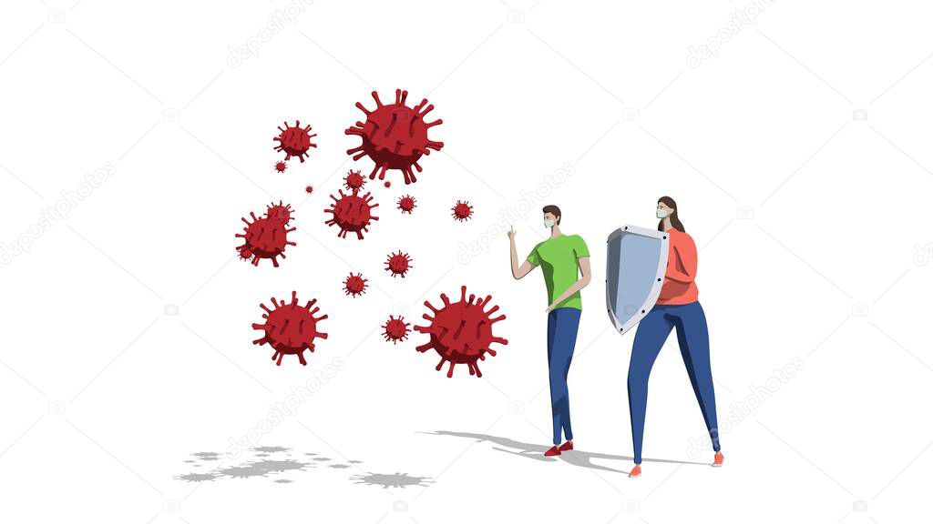 3d illustration COVID-19 coronaviru. Metaphor, a man and woman with a shield and a mask is protected from particles of the virus.