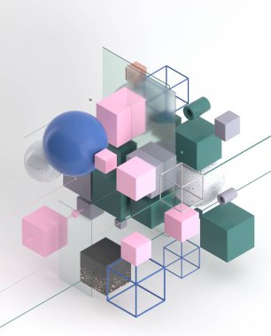 Soyut arkaplan, geometrik şekillerin modern bileşimi. Küp, küre, silindir, çizgi. 3d illüstrasyon.