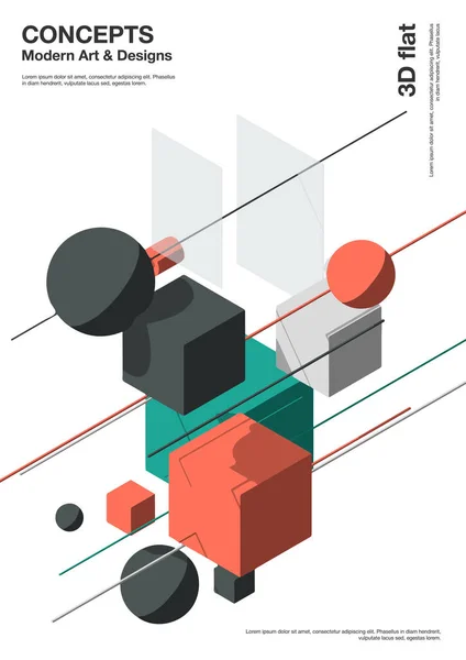 Latar belakang abstrak, komposisi modern bentuk geometris. Cube, bola, silinder, garis. Ilustrasi 3d. - Stok Vektor