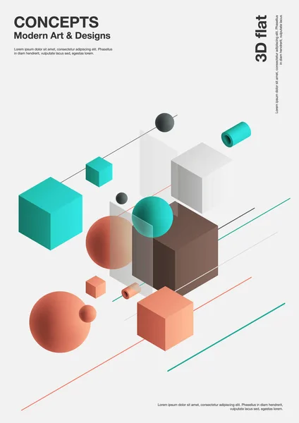Abstrakter Hintergrund, moderne Komposition geometrischer Formen. Würfel, Kugel, Zylinder, Linie. 3D-Illustration. — Stockvektor