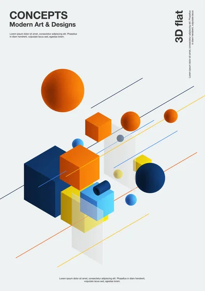 Abstracte achtergrond, moderne samenstelling van geometrische vormen. Kubus, bol, cilinder, lijn. 3d illustratie. — Stockvector