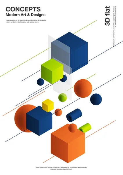 Abstrakter Hintergrund, moderne Komposition geometrischer Formen. Würfel, Kugel, Zylinder, Linie. 3D-Illustration. — Stockvektor