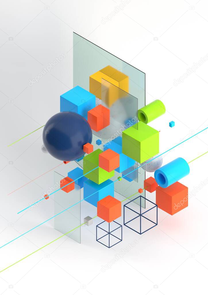 Abstract background, modern composition of geometric shapes. Cube, sphere, cylinder, line. 3d illustration.