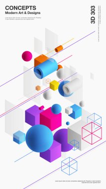 Vektör üç boyutlu görselleştirme arka planı, geometrik şekillerin izometrik modern bileşimini şablon. Küp, küre, silindir, çizgi.