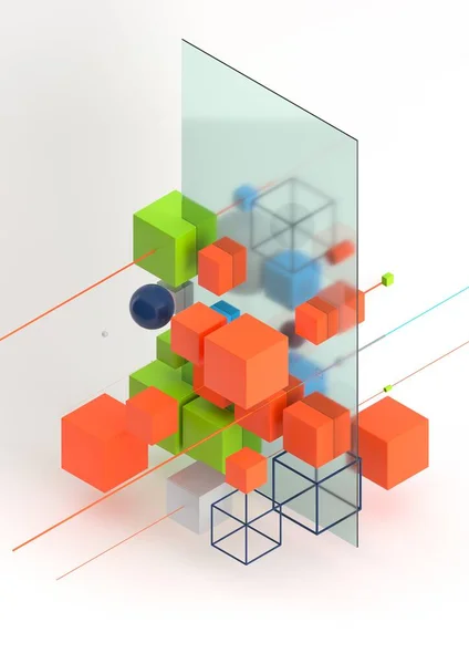 Resumen 3d renderizar fondo de visualización, plantilla de composición moderna de formas geométricas en isométrico. Cubo, esfera, cilindro, línea . — Foto de Stock