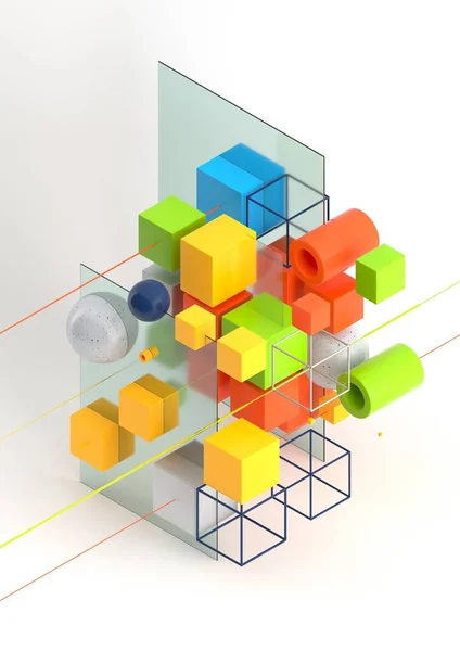 アブストラクト3Dレンダリング可視化の背景、等価性における幾何学的形状のテンプレート現代組成。キューブ、球、シリンダー、ライン. — ストック写真