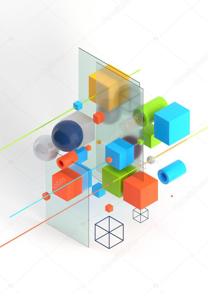 Abstract 3d render visualization background, template modern composition of geometric shapes in isometric . Cube, sphere, cylinder, line.