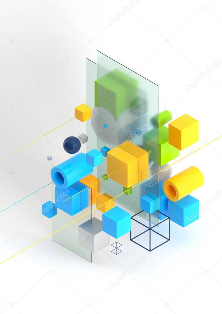 Abstract 3d render visualization background, template modern composition of geometric shapes in isometric . Cube, sphere, cylinder, line.